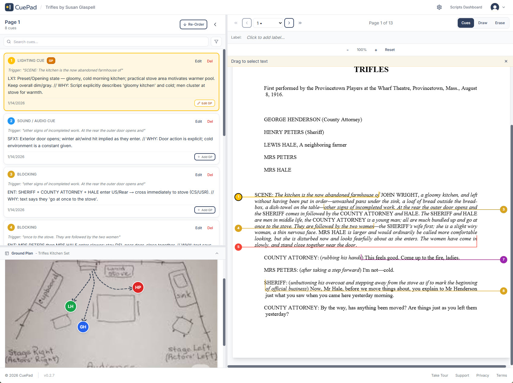 CuePad app showing an annotated script with cues, blocking notes, and ground plan